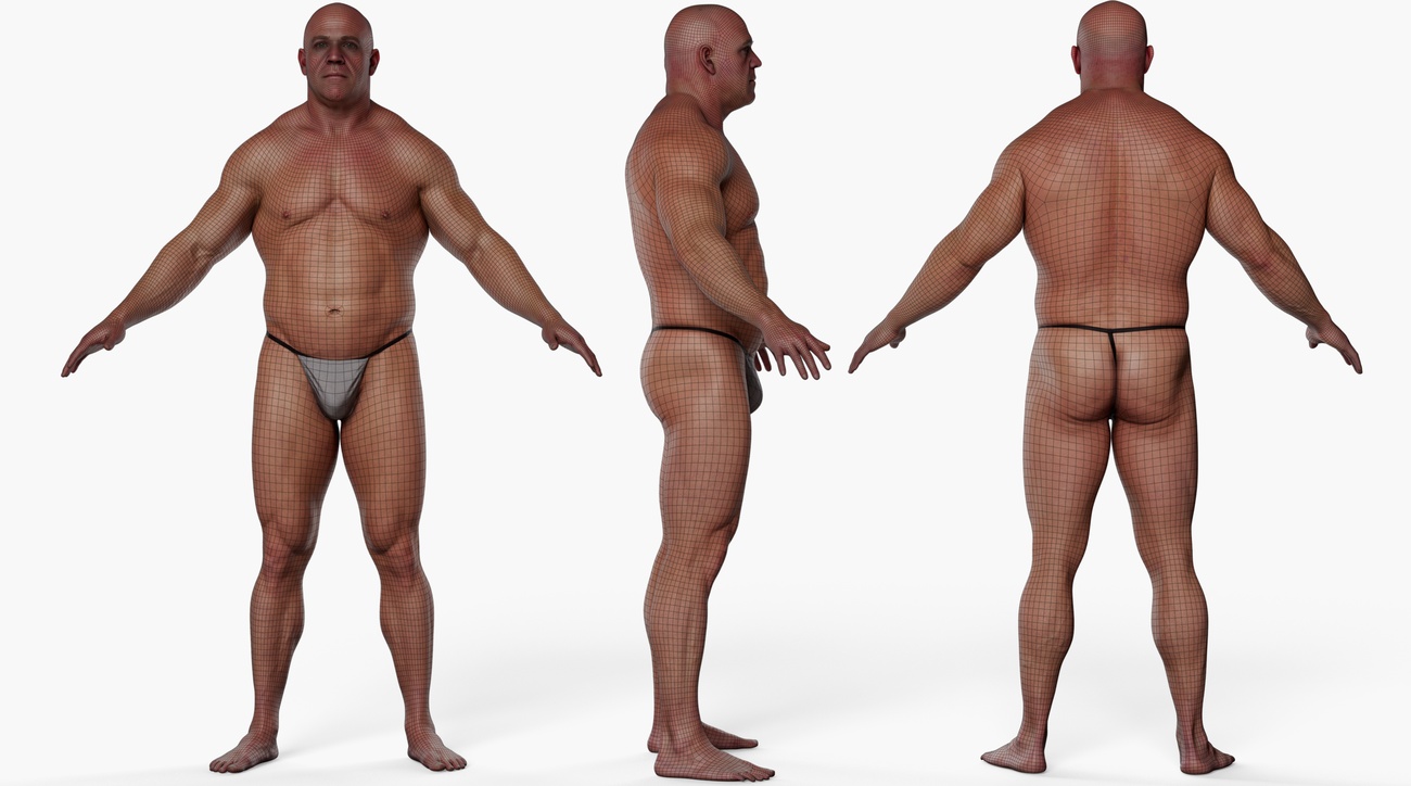 Wireframe topology overlay on a full body 3D scan of a heavy-set muscular male, showing clean quad mesh edge loops